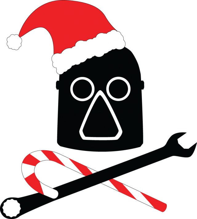 Our traditional logo of an old timey welder's mask, but with a santa hat and a candy cane in place of the soldering iron.