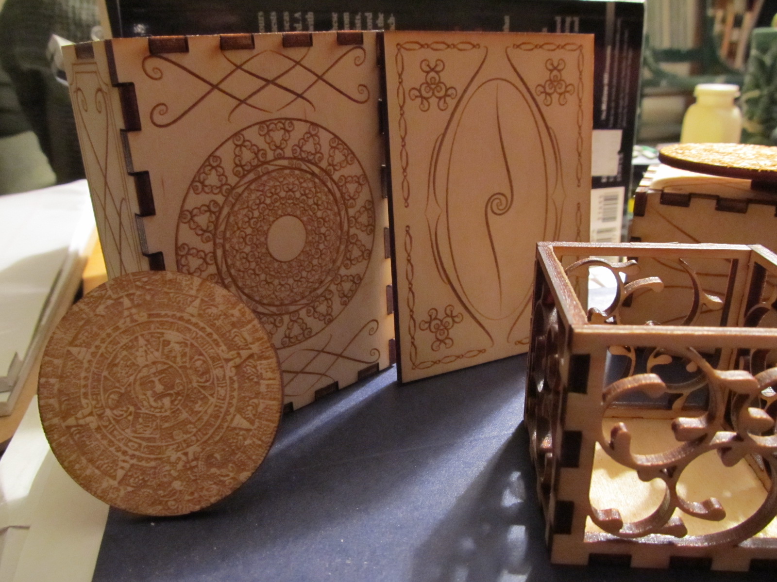 Several laser cut boxes and a 2 inch diameter calendar stone all cut for my mom.